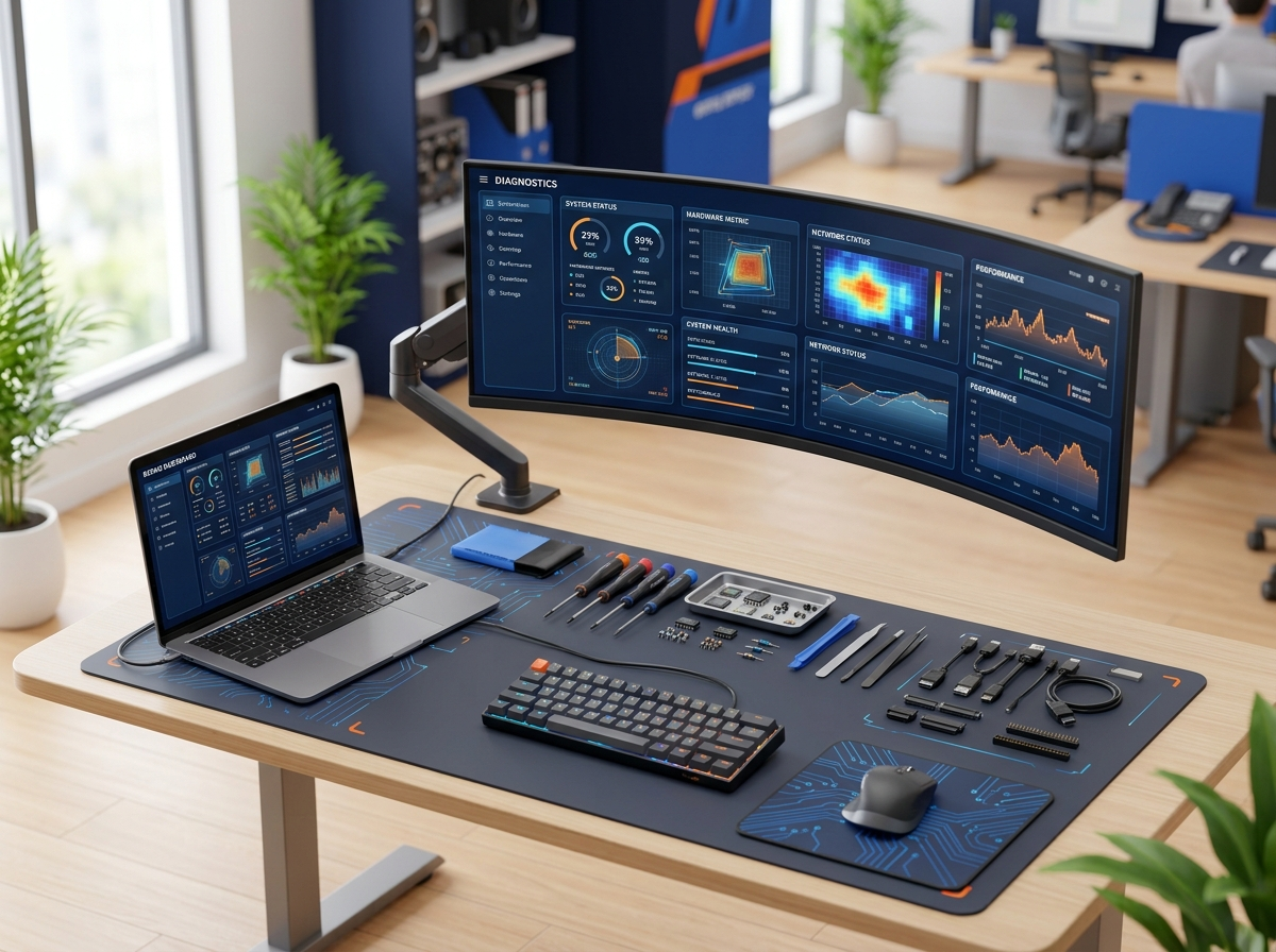 Professional Computer Technician Workstation with Diagnostic Display and Tools